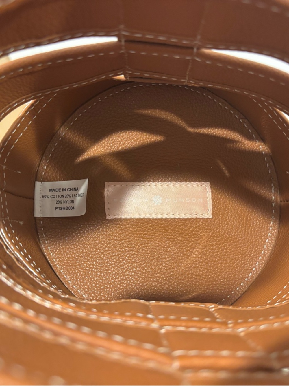 Pamela Munson Mini Woven Straw & Tan Leather Handbag with Black Ring Handles - Picture 3 of 3